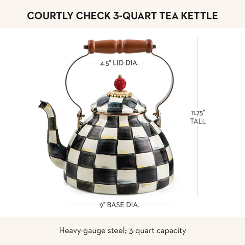 MACKENZIE-CHILDS enamel tea kettle on a stovetop, blending utility and whimsy.
