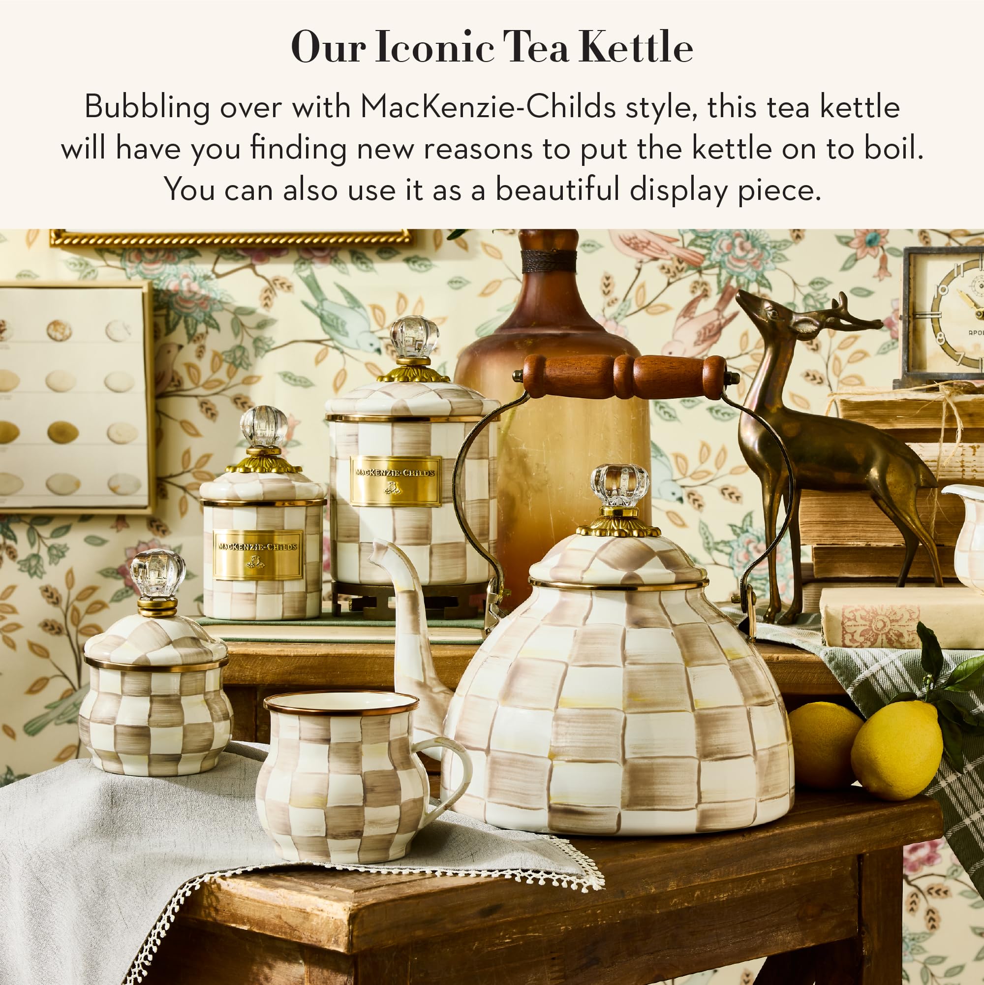 MACKENZIE-CHILDS enamel tea kettle wood handle delivers warm grip during boiling