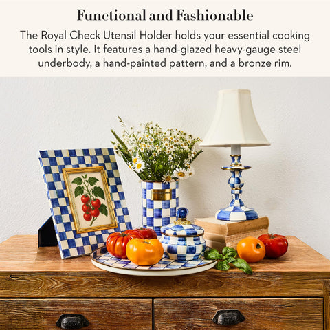 MACKENZIE-CHILDS enamel utensil holder with blue-and-white royal check elevating kitchen decor.
