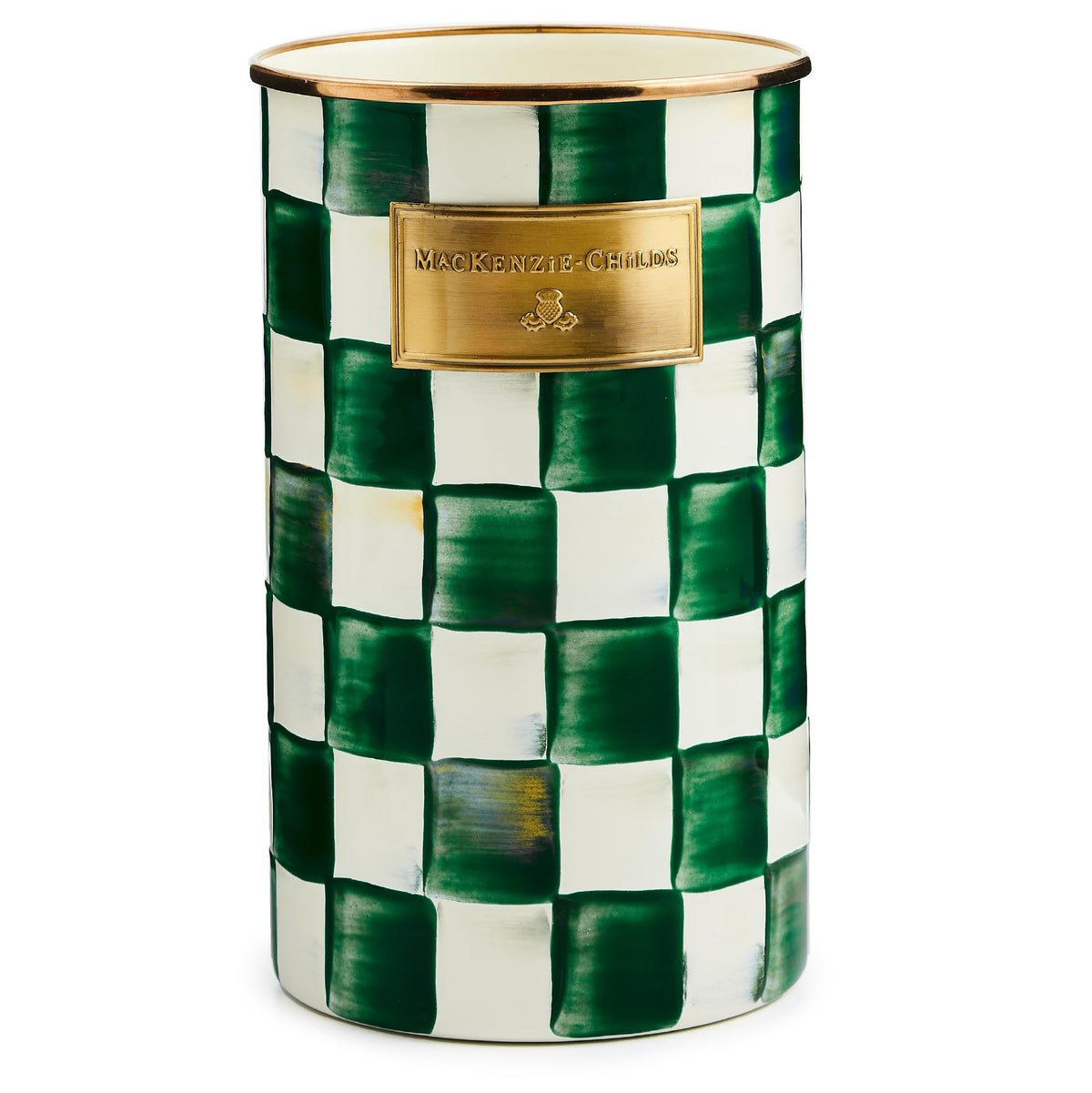 MACKENZIE-CHILDS enamel utensil holder on counter with emerald check pattern for stylish storage