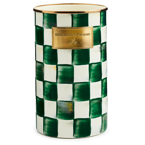 MACKENZIE-CHILDS enamel utensil holder on counter with emerald check pattern for stylish storage
