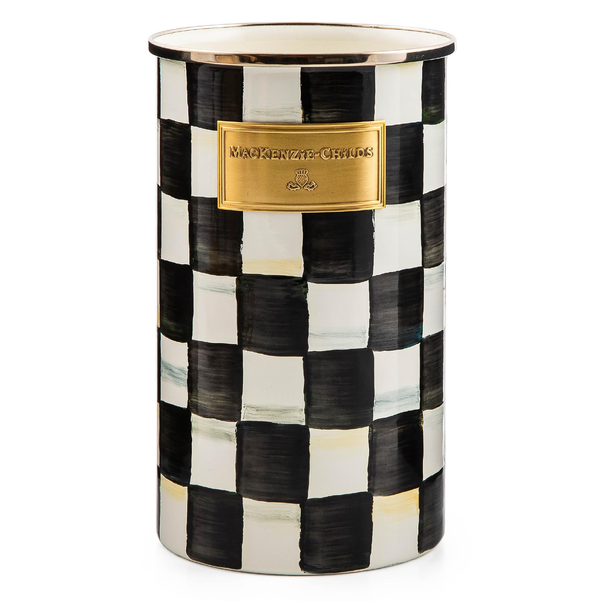 MACKENZIE-CHILDS enamel utensil holder on countertop for organized cooking essentials