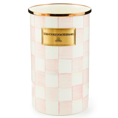 Mackenzie-Childs enamel utensil holder with Rosy Check on counter for stylish organization