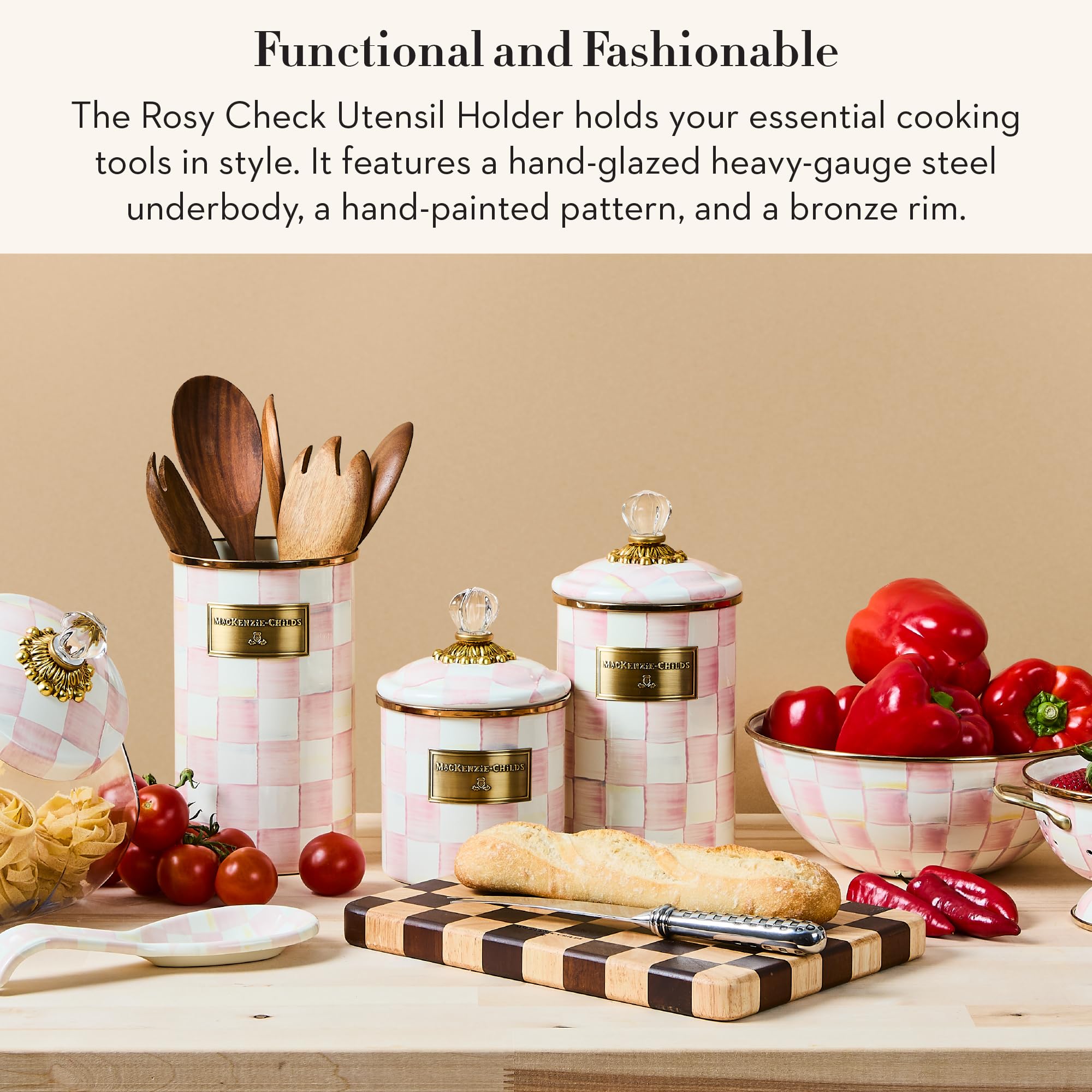 Rosy Check pattern adds whimsy to kitchen counters while keeping tools accessible