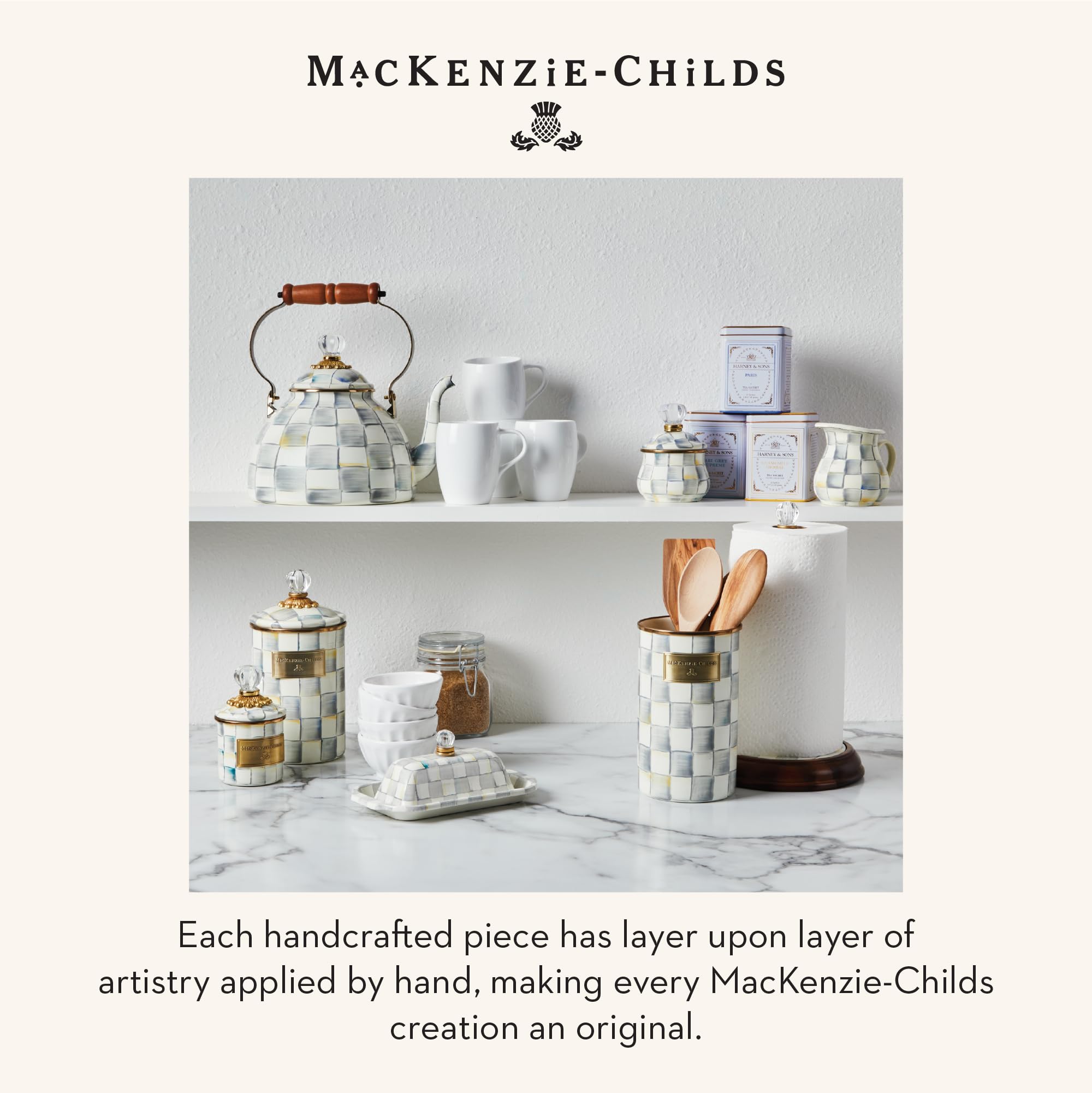MacKenzie-Childs enamelware durability suits daily countertop use.