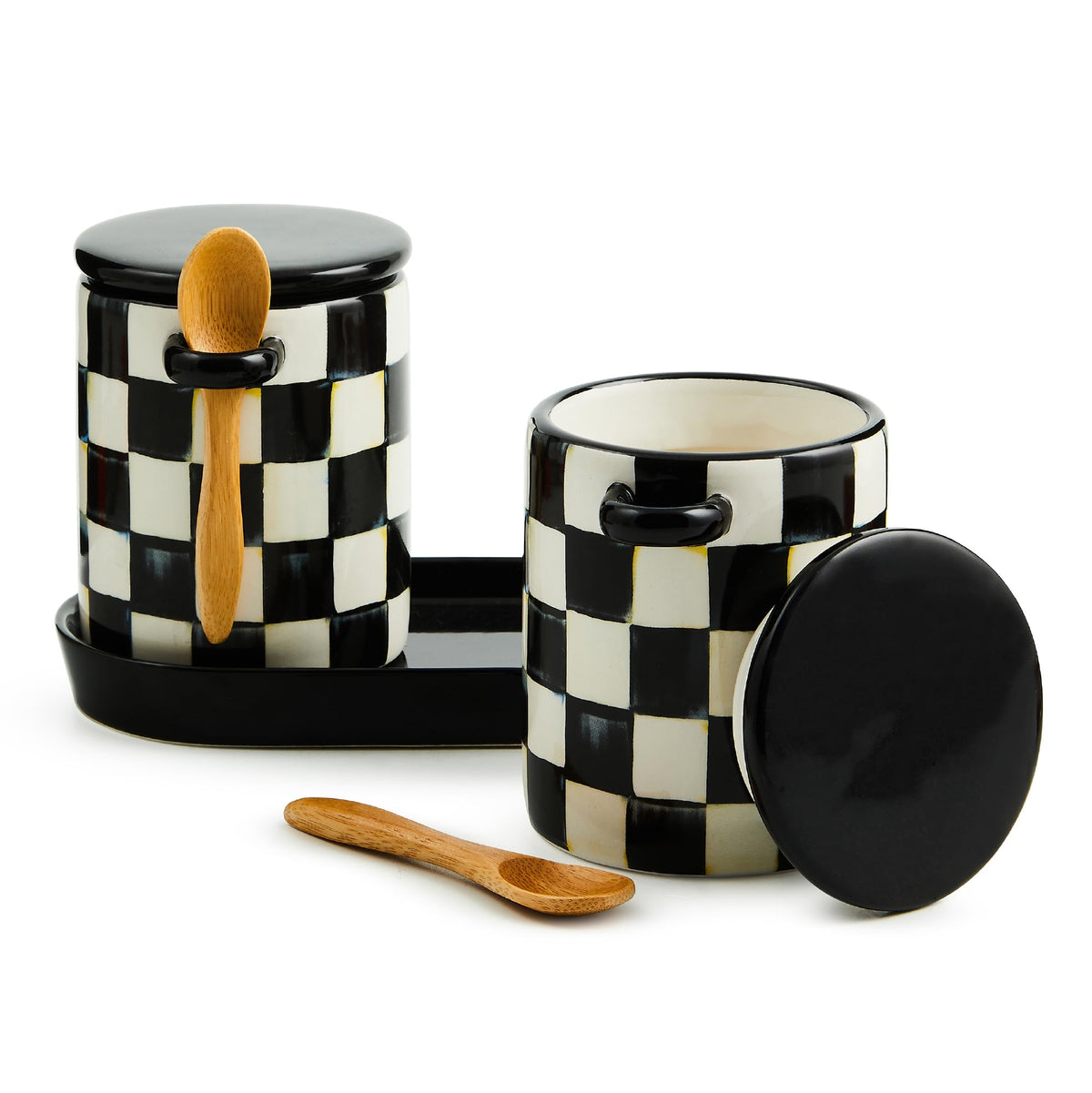 Mackenzie-Childs farmhouse canister with Courtly Check pattern for stylish pantry organization.