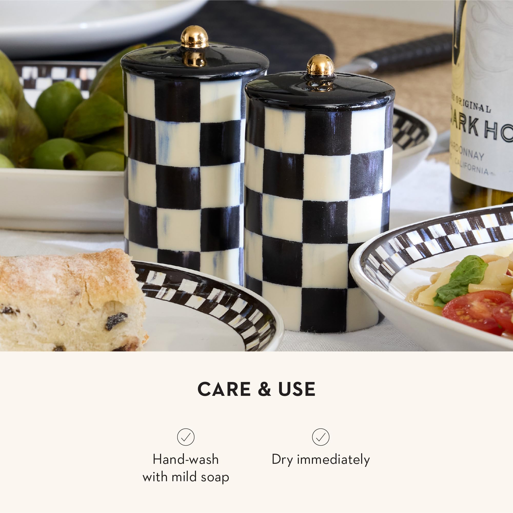 MacKenzie-Childs Courtly Check kitchen decor enhances shelves and counters.