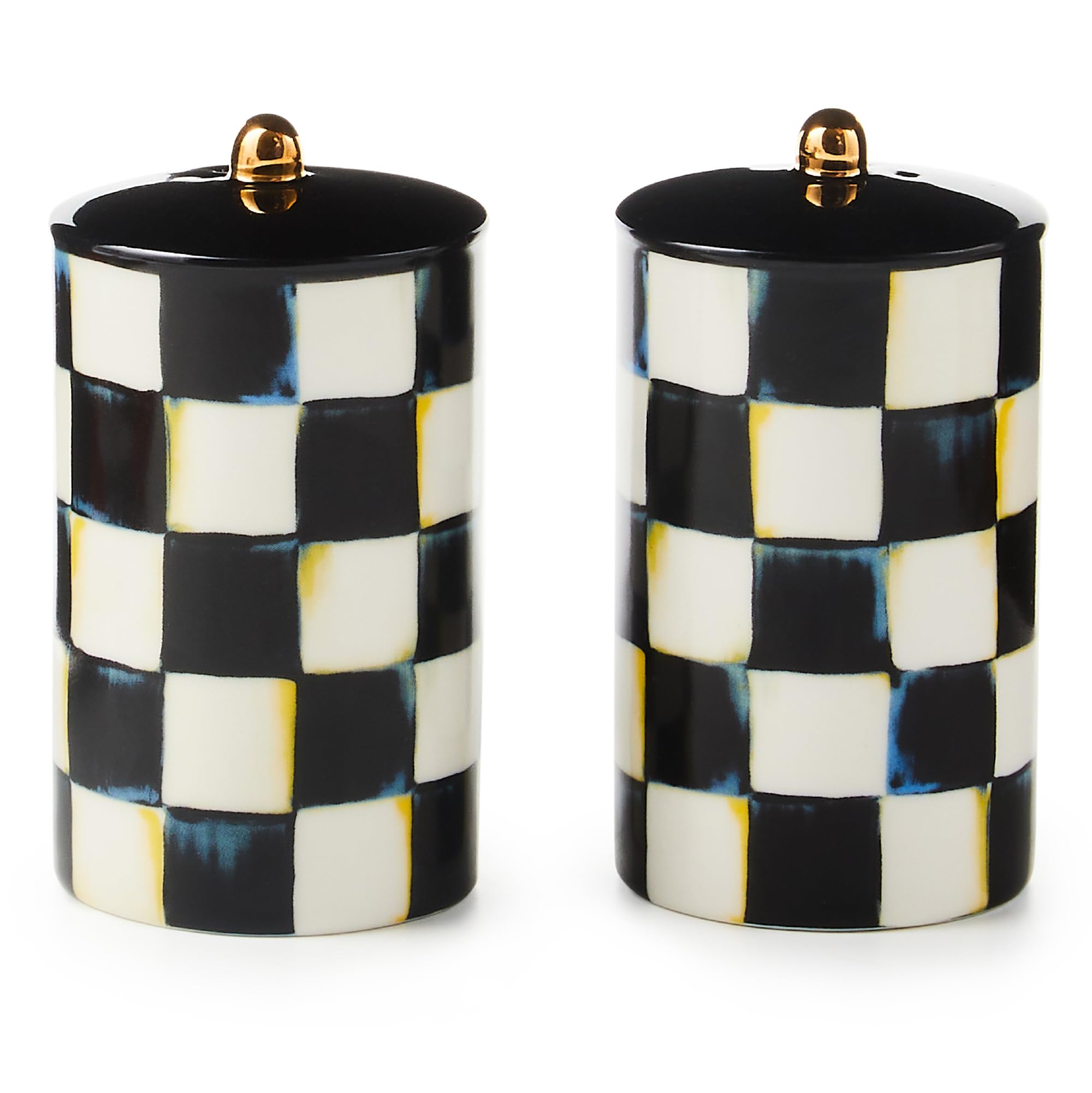 MacKenzie-Childs Farmhouse salt and pepper shaker set with Courtly Check for charming table styling.
