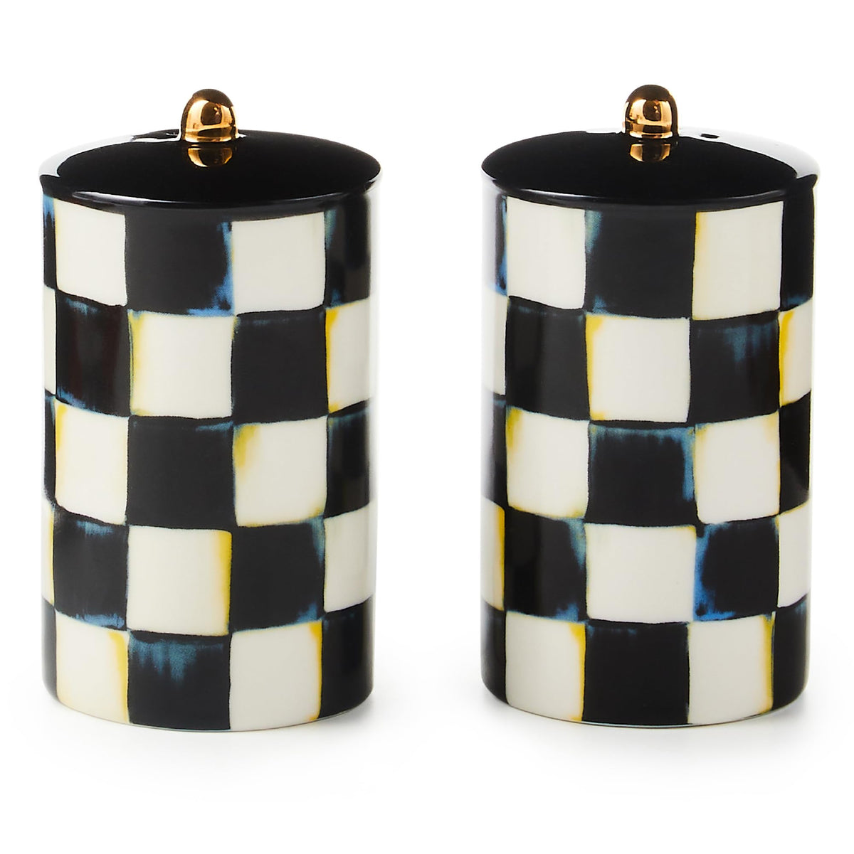 MacKenzie-Childs Farmhouse salt and pepper shaker set with Courtly Check for charming table styling.