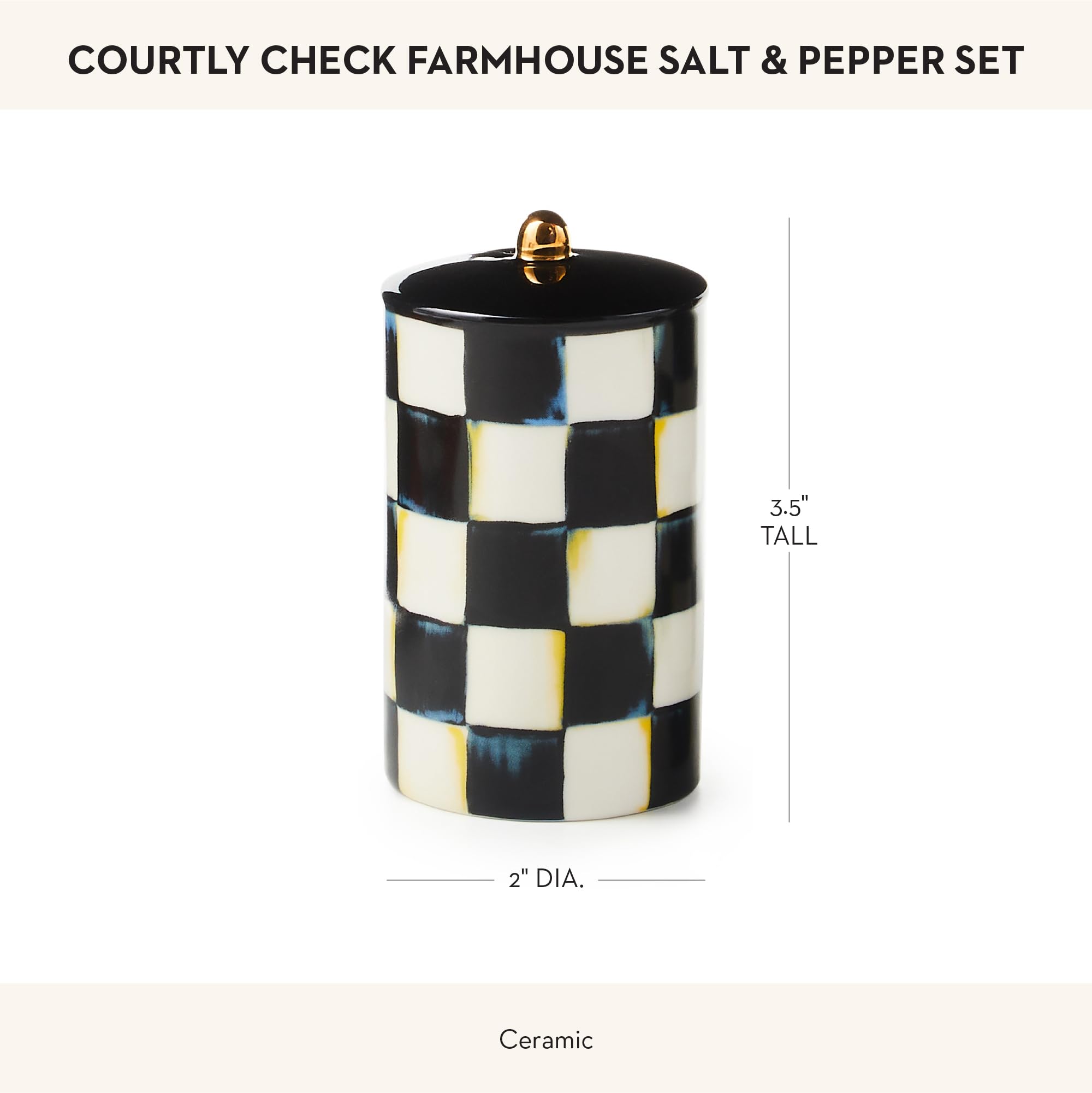 MacKenzie-Childs gold luster ball cap detail highlighted on the shaker.