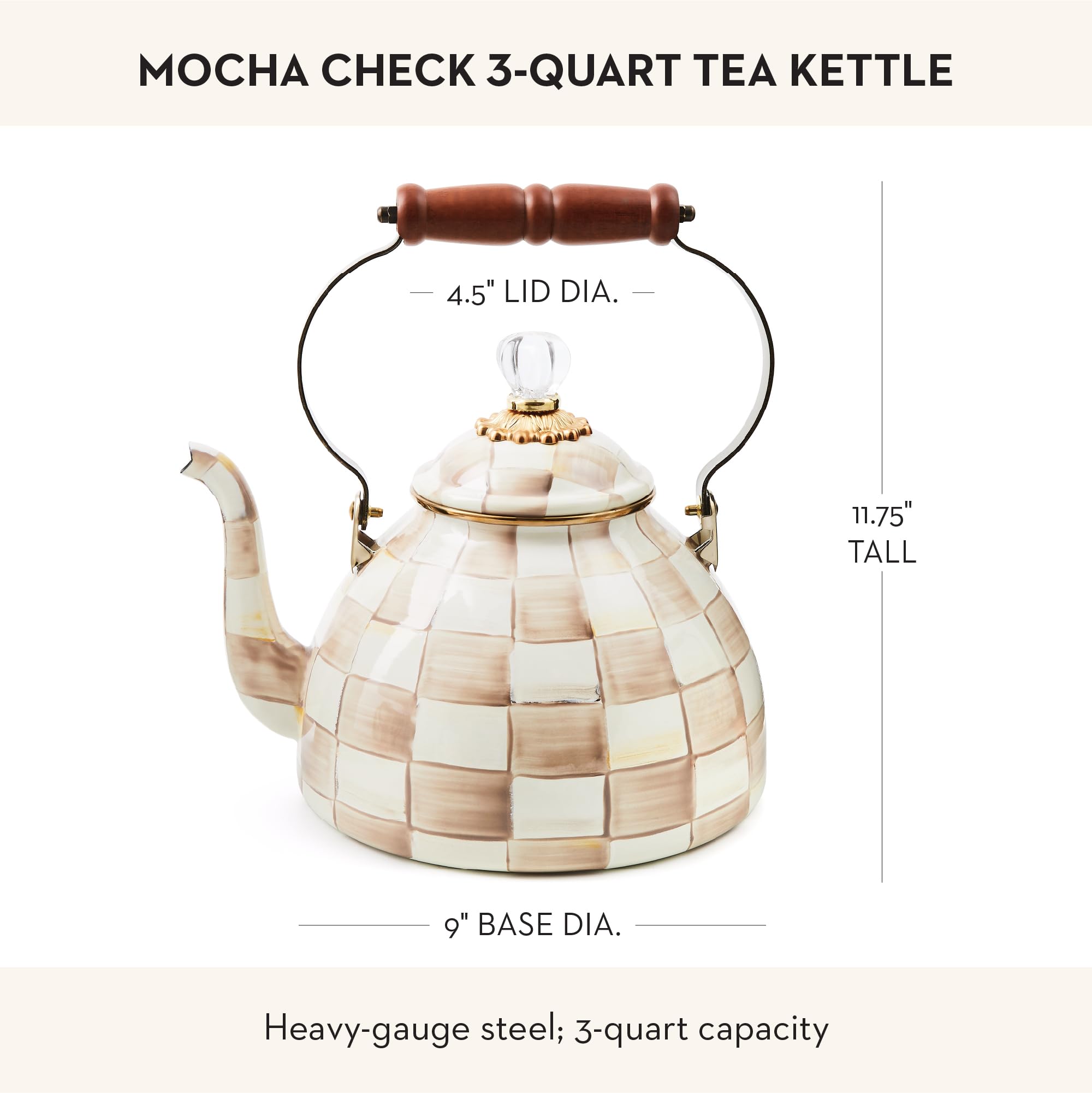 MACKENZIE-CHILDS mocha-check kettle brightens your stove as a decor piece