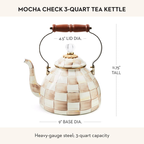 MACKENZIE-CHILDS mocha-check kettle brightens your stove as a decor piece