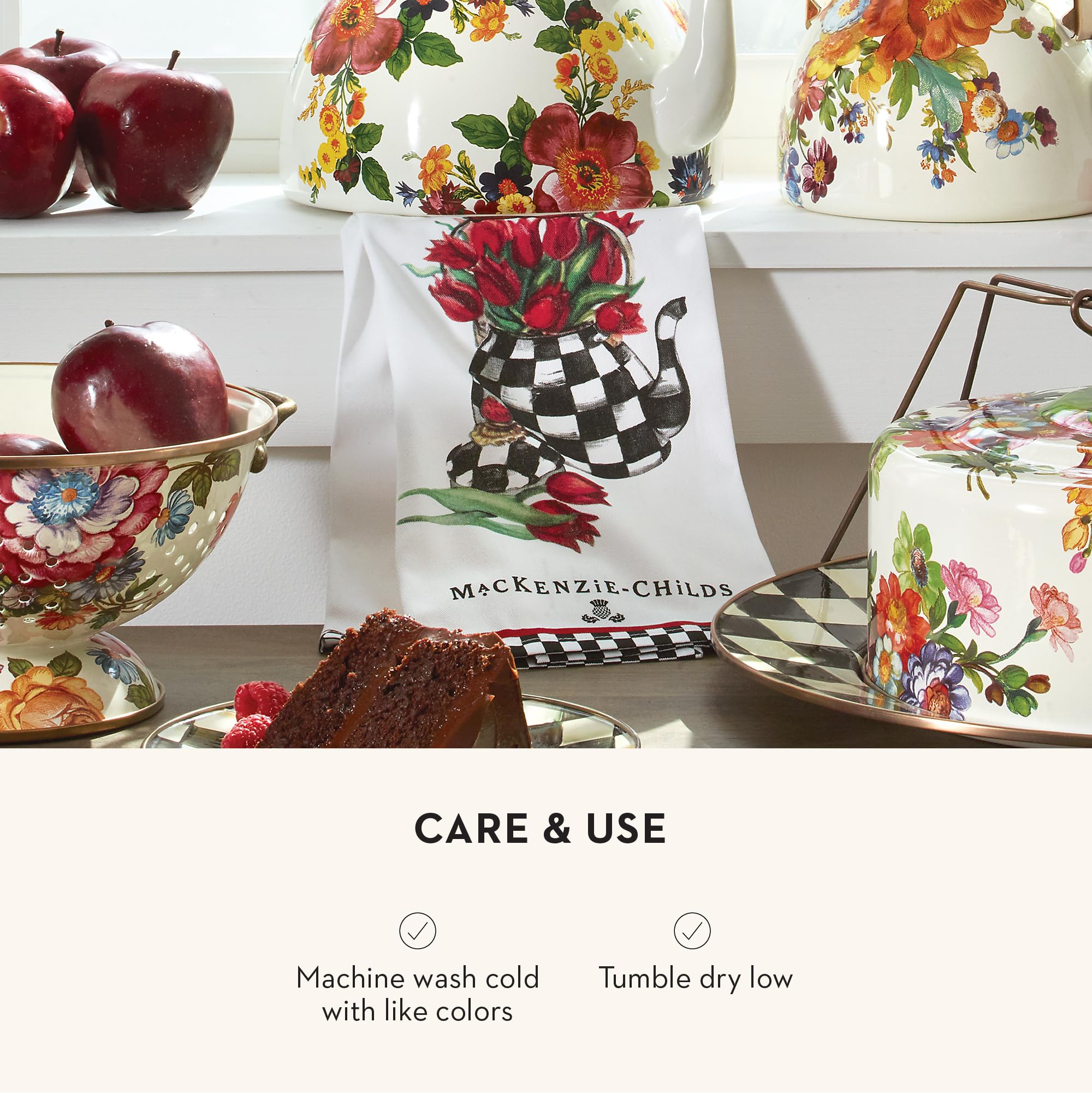 MacKenzie-Childs kitchen towel hanging to showcase modern decor idea.
