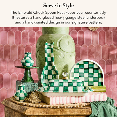 MacKenzie-Childs kitchen utensil rest for stovetop blends function with whimsical emerald decor.