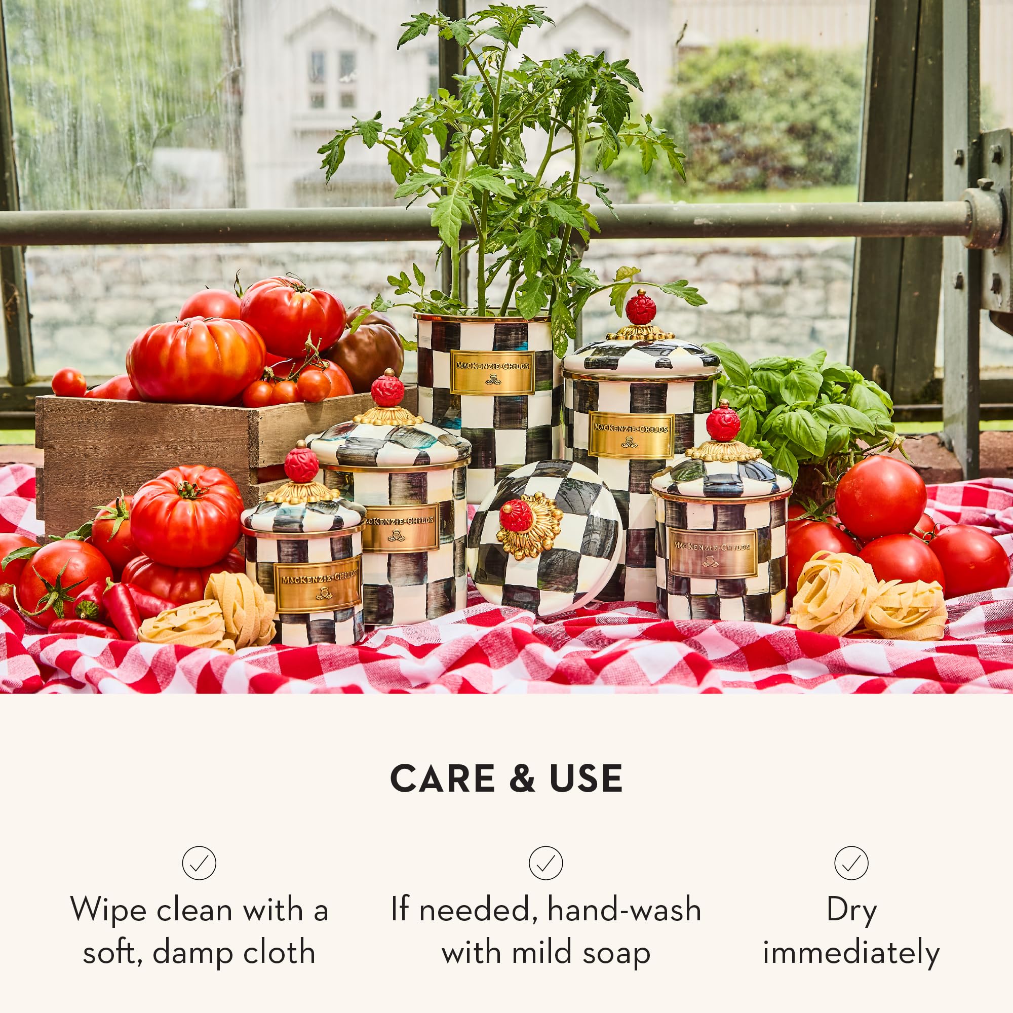 MacKenzie-Childs flour and sugar canister keeps baking essentials neatly organized.