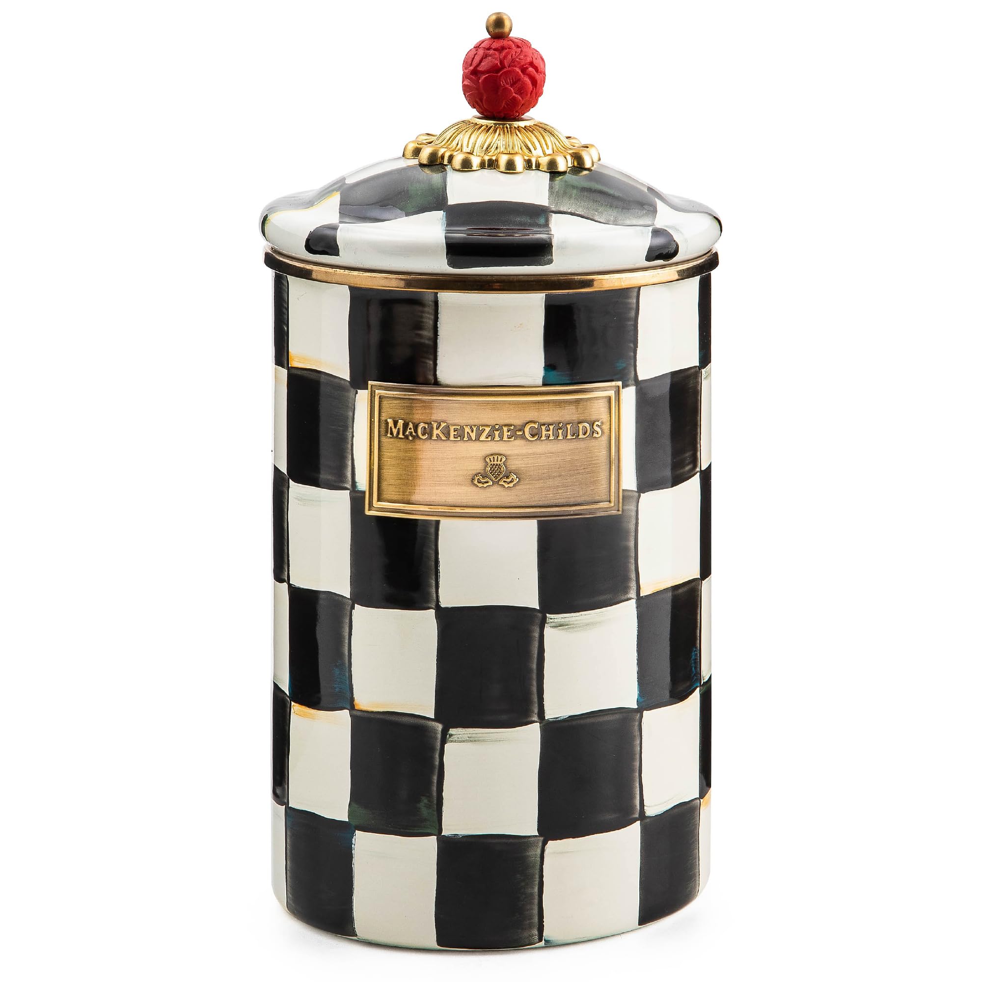MacKenzie-Childs large enamel canister Courtly Check for stylish pantry storage.