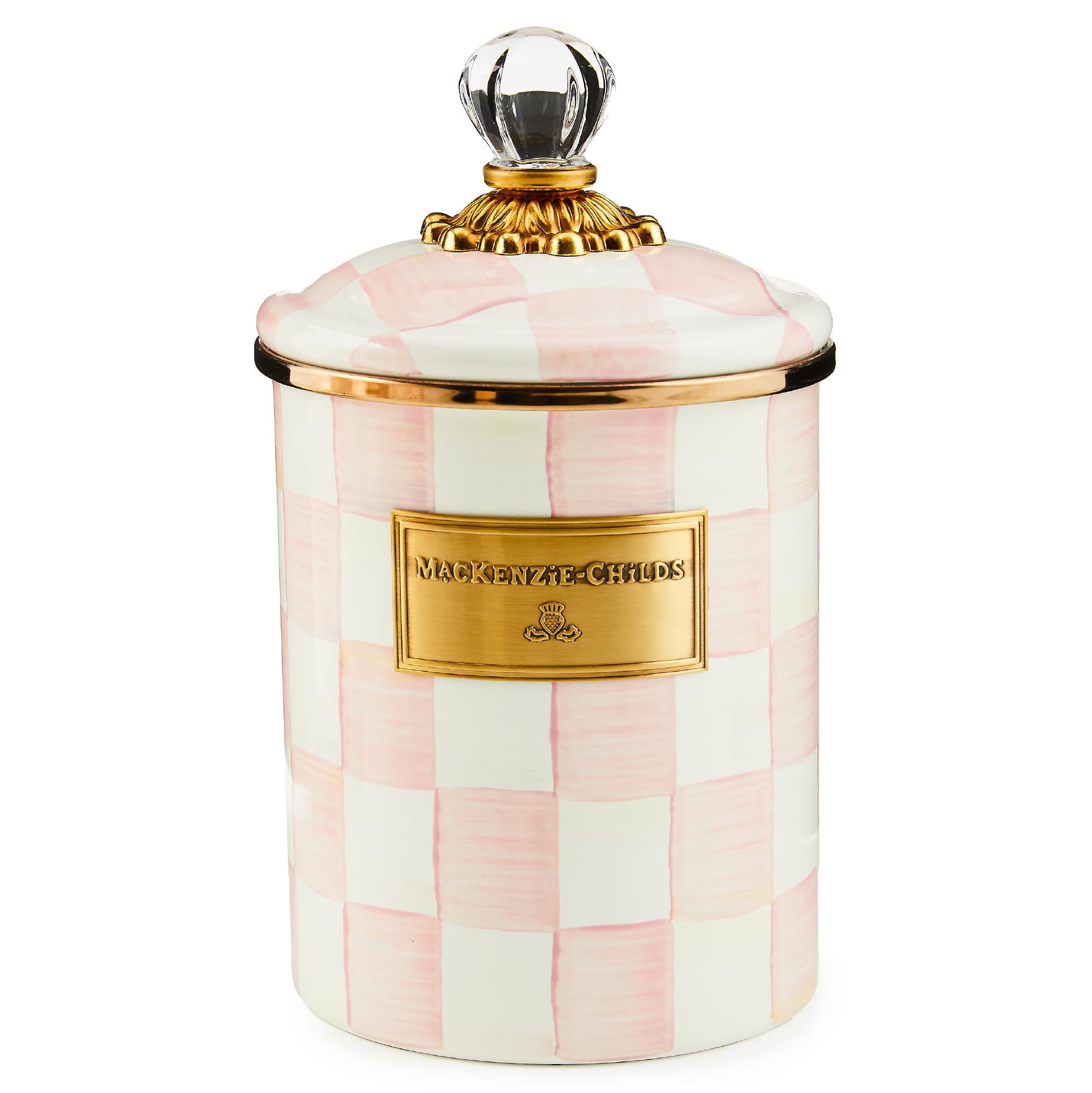 Mackenzie-Childs medium enamel canister in Rosy Check, stylish storage for coffee beans and cookies.