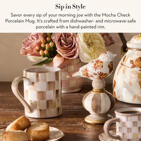 MacKenzie-Childs mocha check mug with brown handle detail for comfortable grip