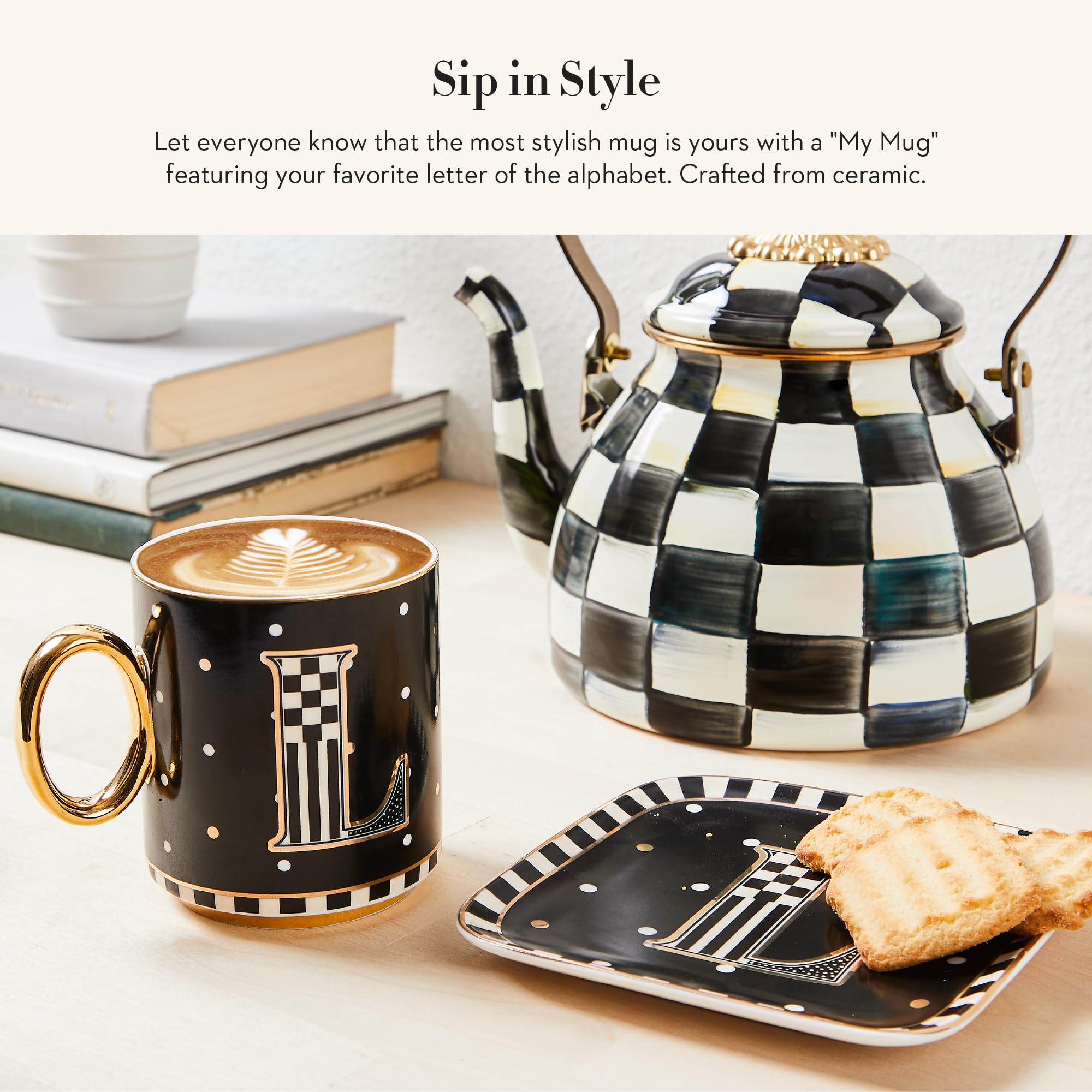 Mackenzie-Childs My Mug letter B with gold handle elevates desk charm and organization