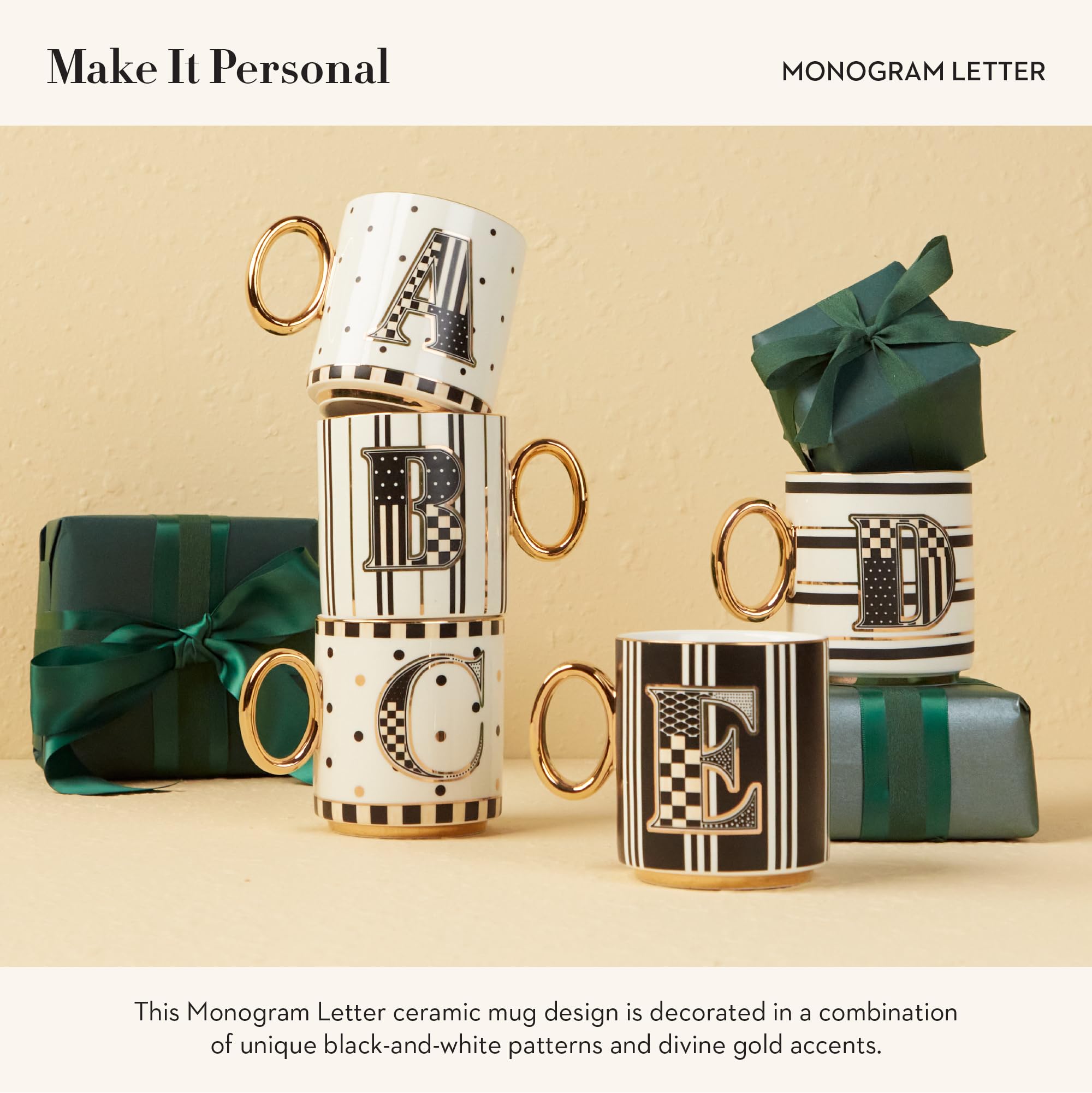 Mackenzie-Childs My Mug letter C with gold handle and intricate black-and-white motifs