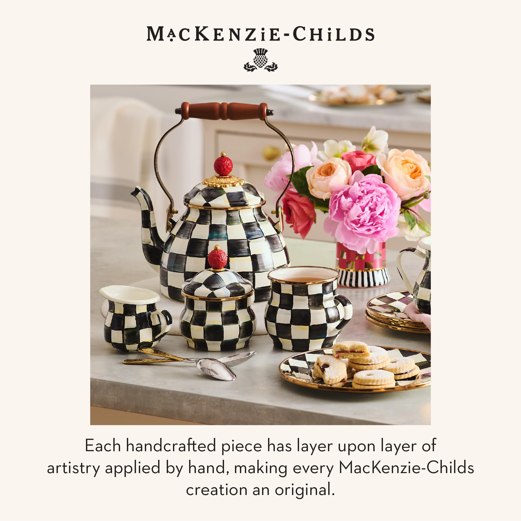 Hand-painted Courtly Check detail embodies Mackenzie-Childs style