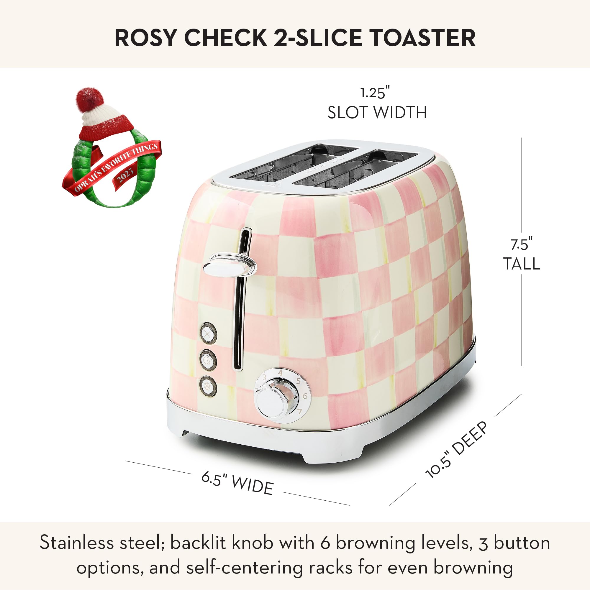 MACKENZIE-CHILDS Rosy Check toaster, browning level indicator, highlights customizable toasting.