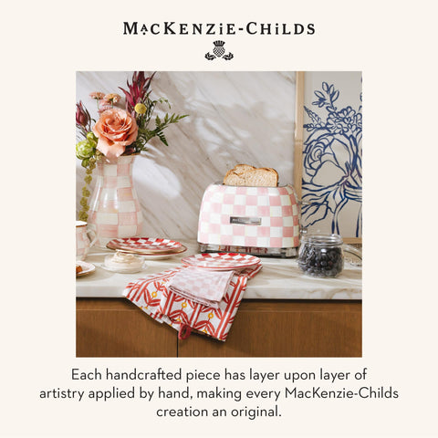 MACKENZIE-CHILDS Rosy Check toaster, compact design enhances small kitchen counters.