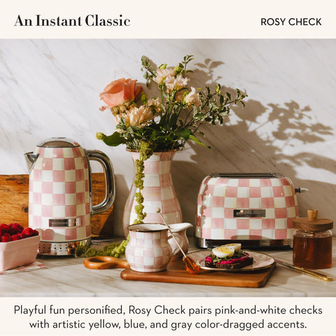 MACKENZIE-CHILDS Rosy Check toaster, dial closeup, shows six browning levels for precise toasting.