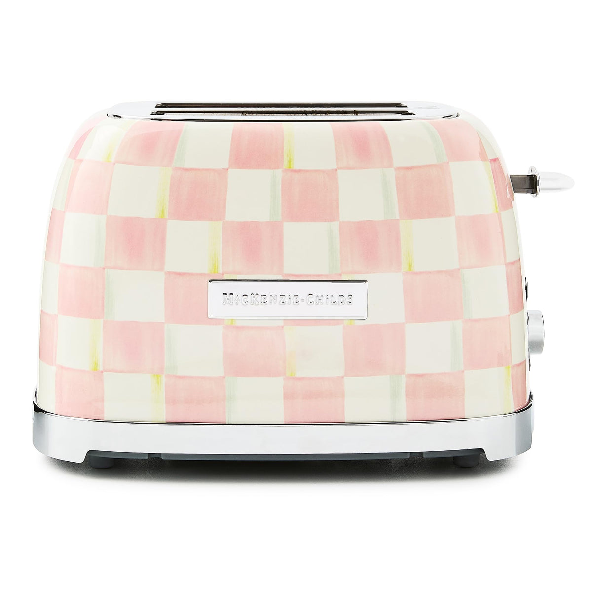 MACKENZIE-CHILDS Rosy Check toaster, front view, decorative pink-and-white pattern for stylish kitchens.