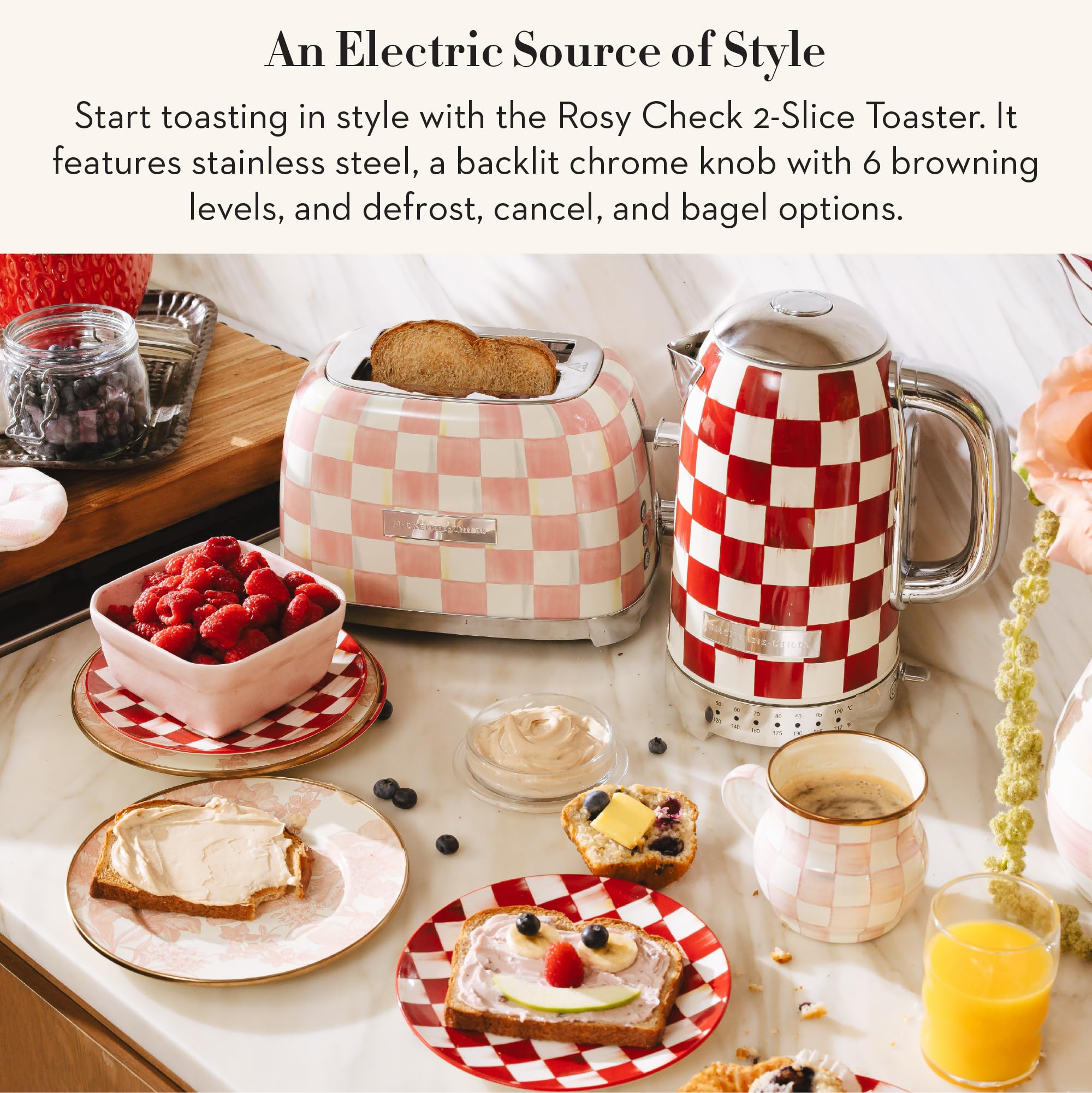 MACKENZIE-CHILDS Rosy Check toaster, side profile, blends function with playful kitchen decor.