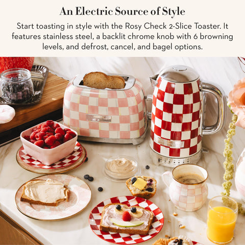 MACKENZIE-CHILDS Rosy Check toaster, side profile, blends function with playful kitchen decor.