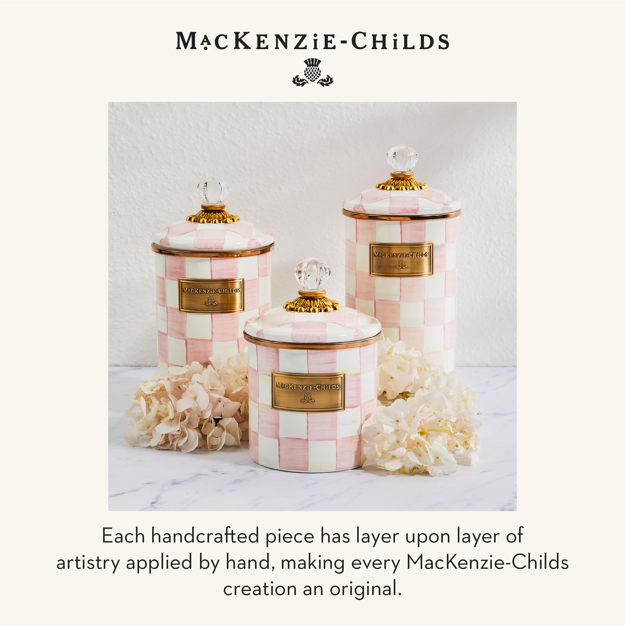 Mackenzie-Childs Rosy Check closeup highlighting hand-painted charm and glass-knob lid.