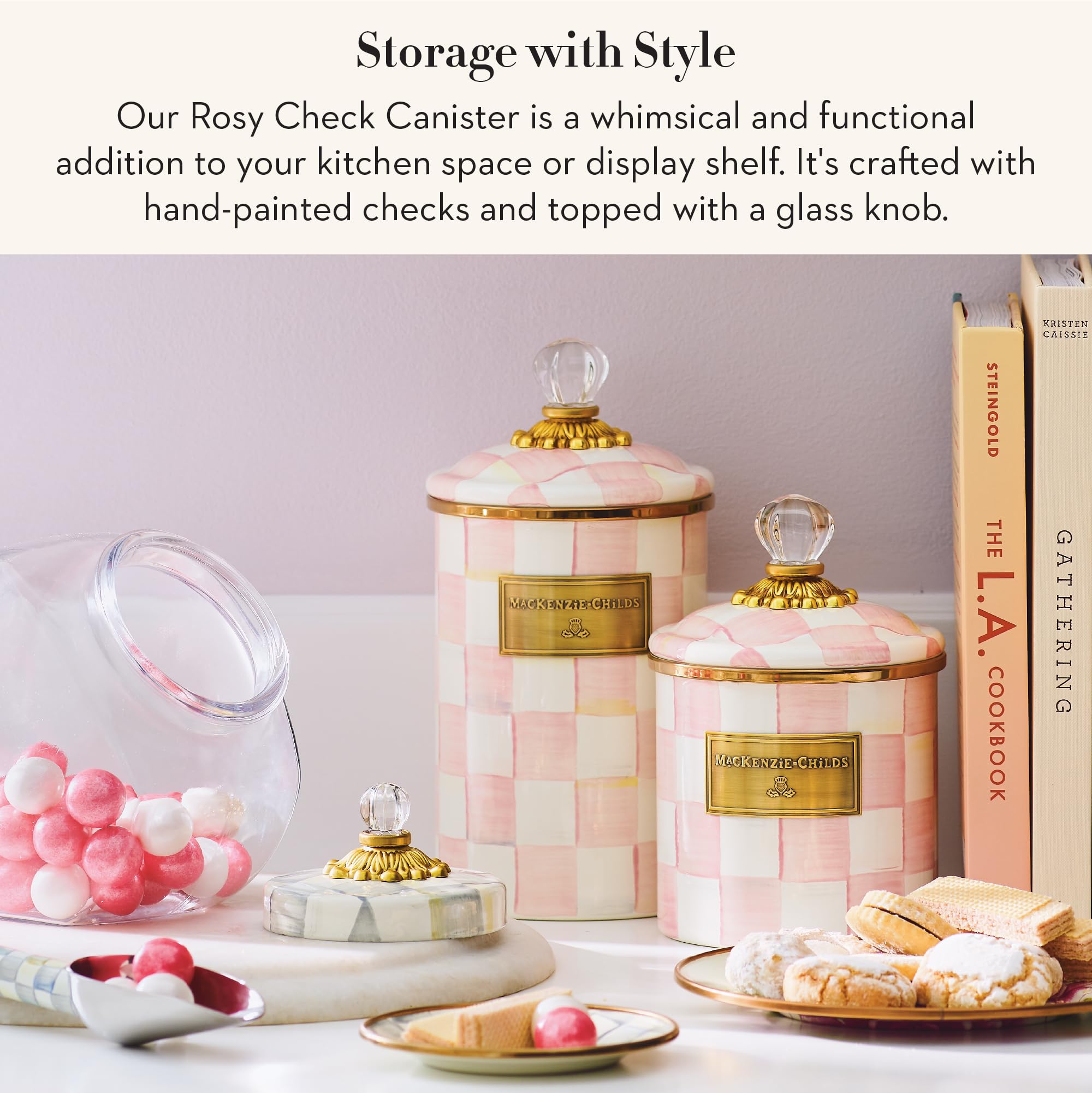MackKenzie-Childs Rosy Check enamel canister lid with glass knob for easy access.
