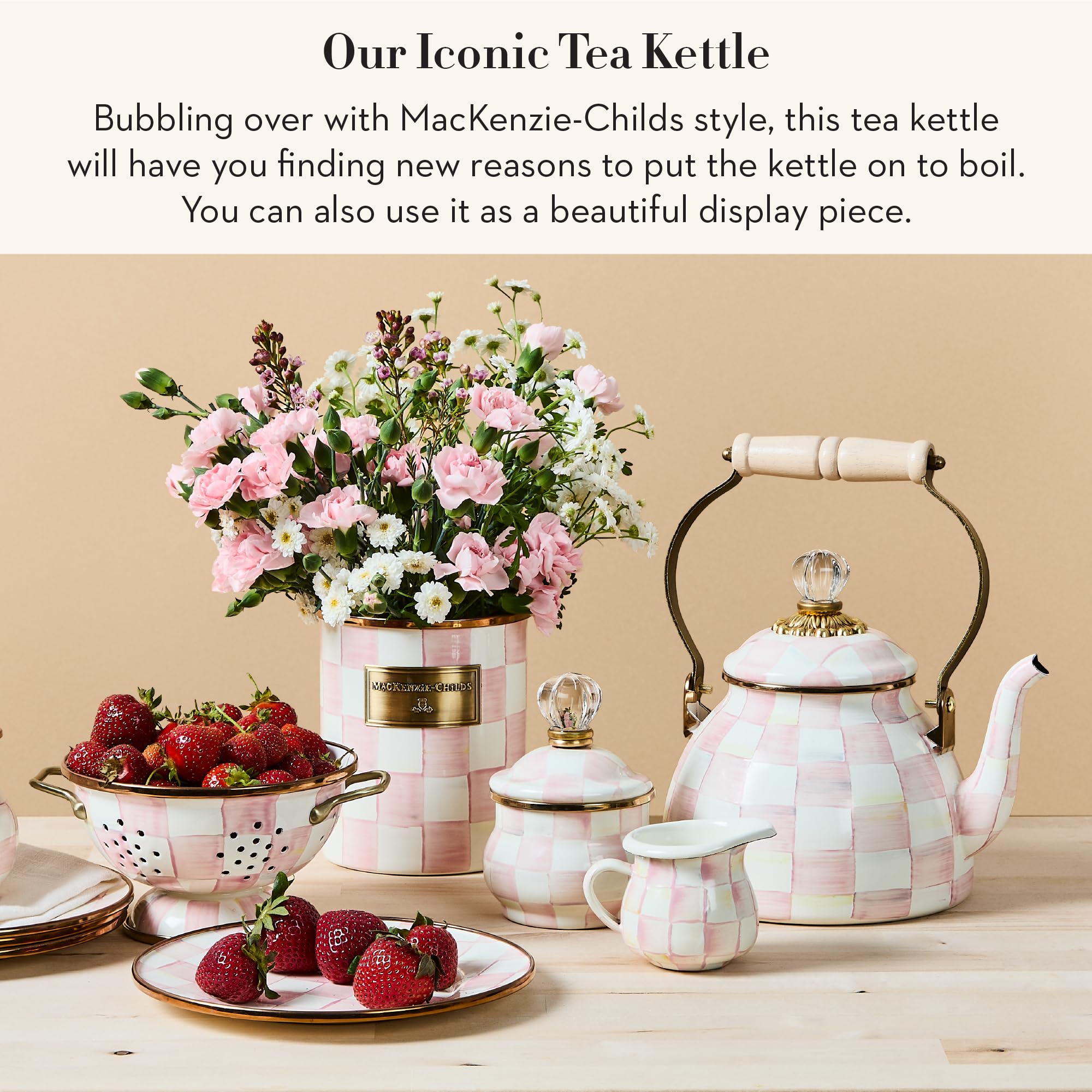 MACKENZIE-CHILDS Rosy Check kettle spout detail adds playful style