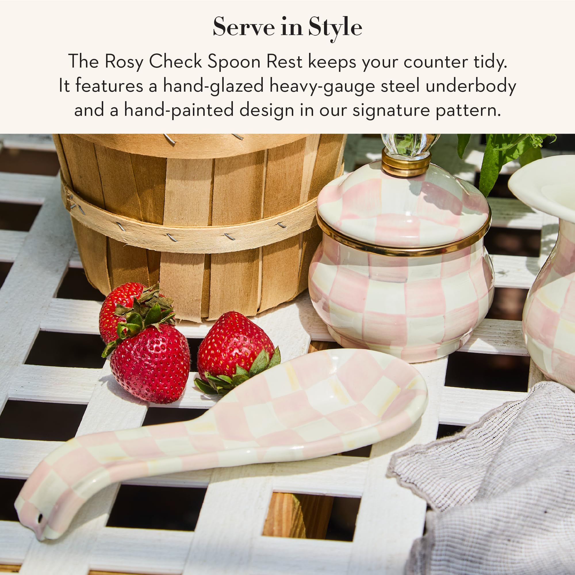 Rosy Check enamel spoon rest on counter brightens the kitchen while protecting surfaces.