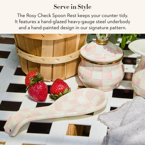 Rosy Check enamel spoon rest on counter brightens the kitchen while protecting surfaces.