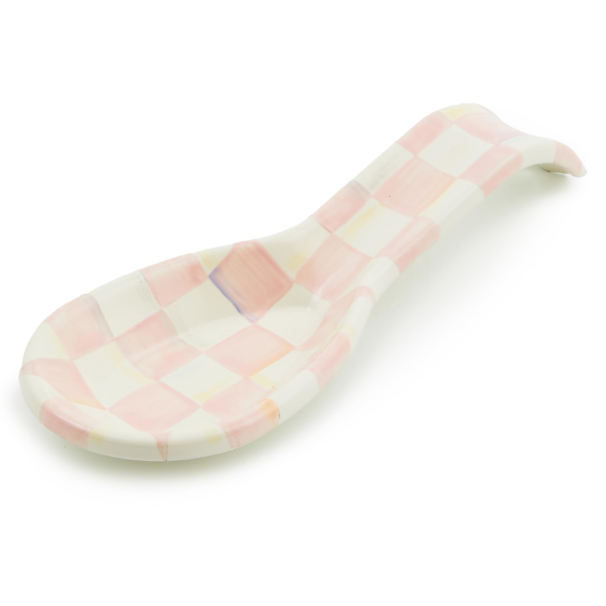 MACKENZIE-CHILDS Rosy Check spoon rest on stovetop adds color and keeps utensils tidy.