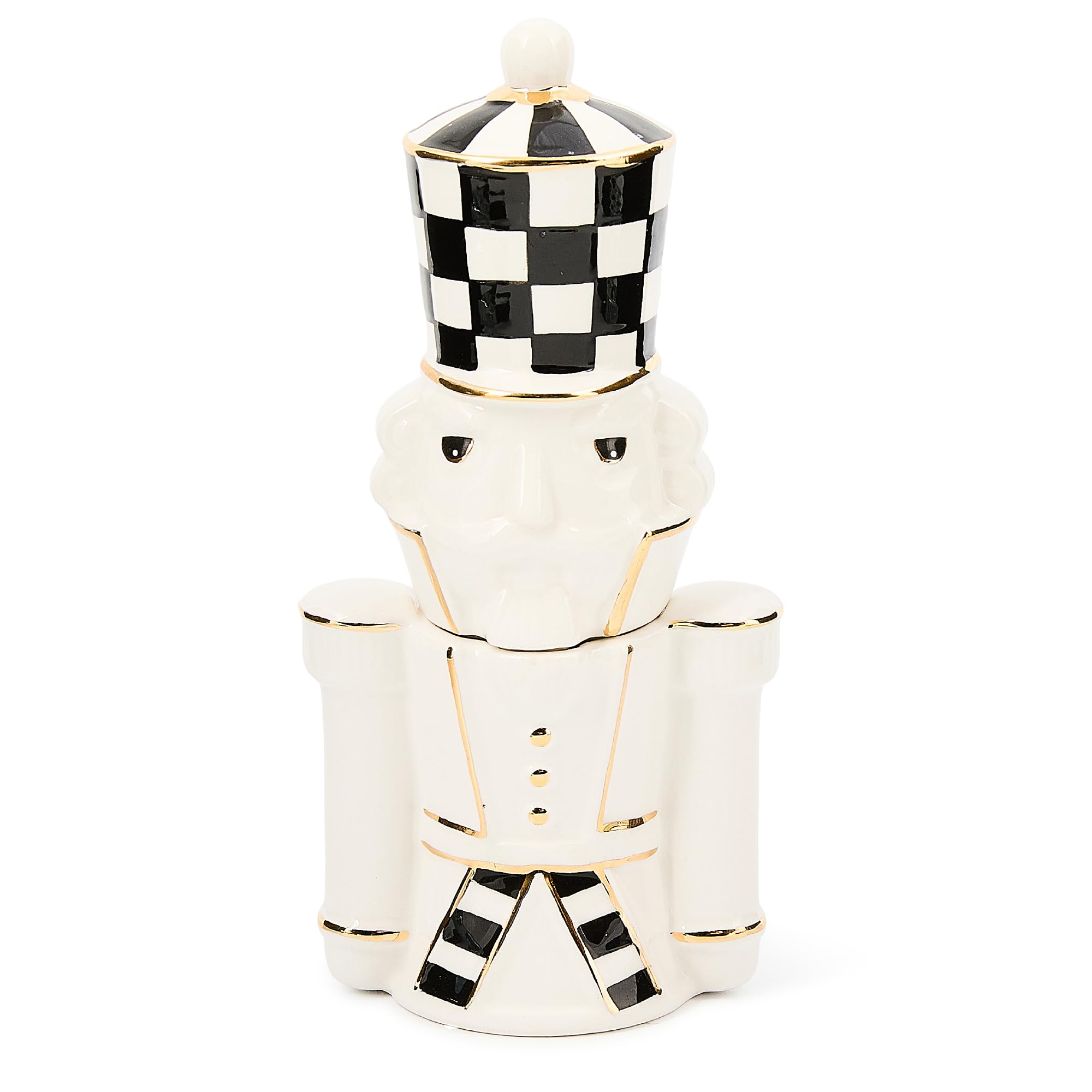 MacKenzie-Childs salt and pepper shakers with Courtly Noel nutcracker design for festive tables