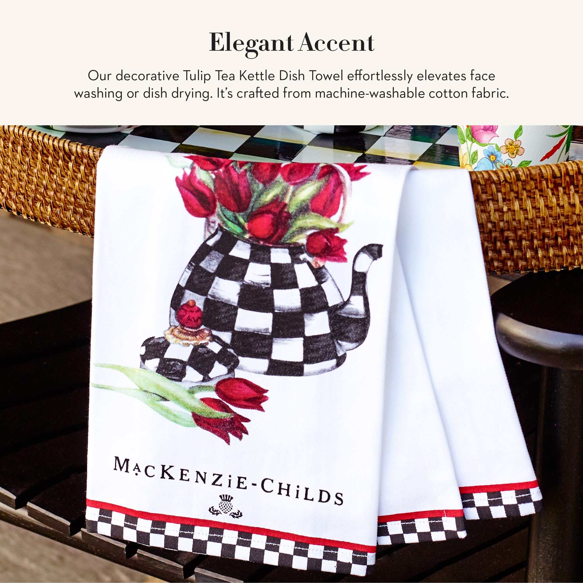 MacKenzie-Childs Tulip Tea Kettle print close-up highlights bright floral detail.