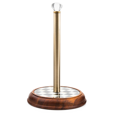 MACKENZIE-CHILDS wood towel holder with acacia base on a kitchen counter for easy access to towels