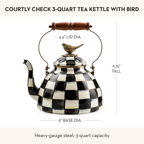 MACKENZIE-CHILDS kettle on counter complements cheerful kitchen décor