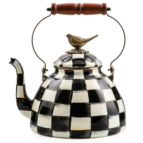 MACKENZIE-CHILDS enamel tea kettle with Courtly Check pattern and bird topper for stylish stovetop tea