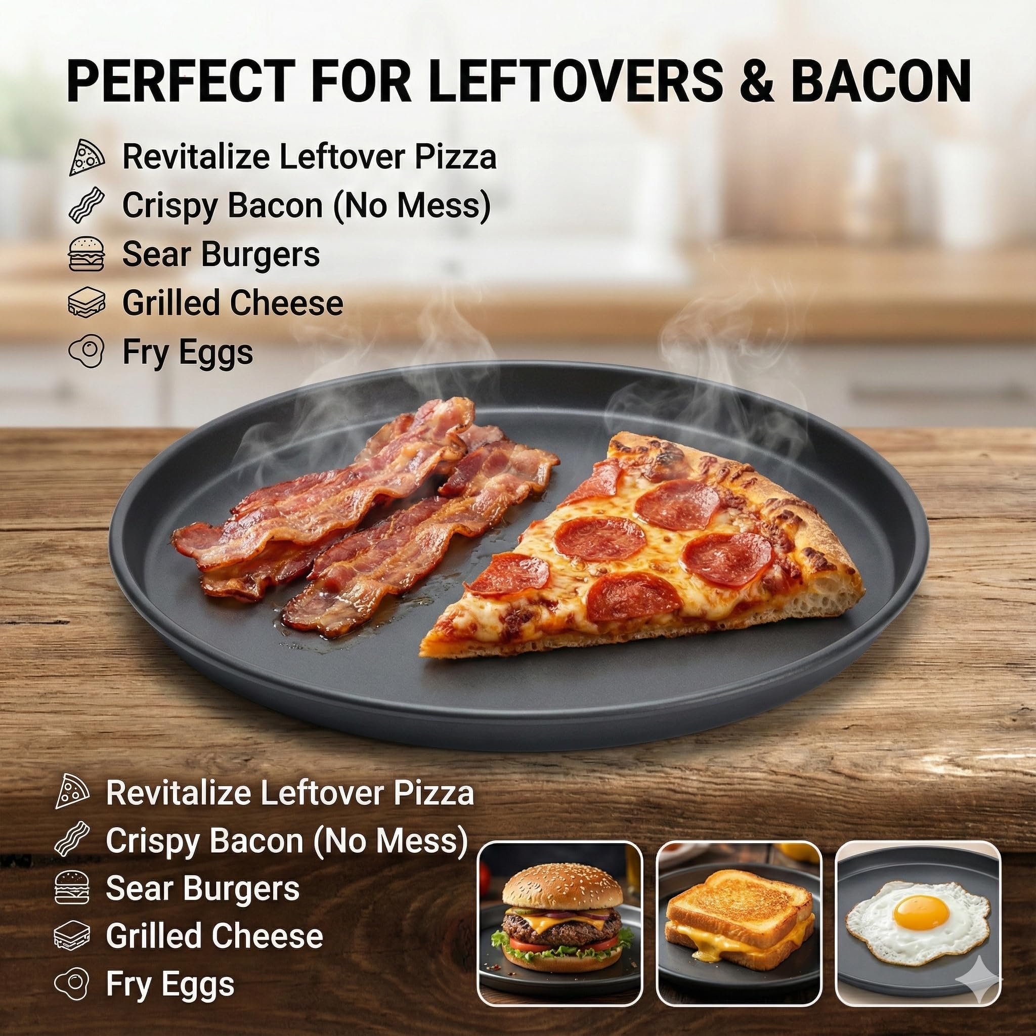 MACONEE Crisper Pan pizza crisps evenly for tasty slices.