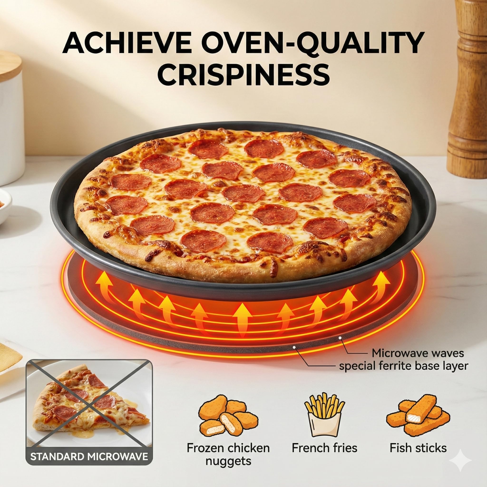 MACONEE Crisper Pan in use for microwave browning and grilling.