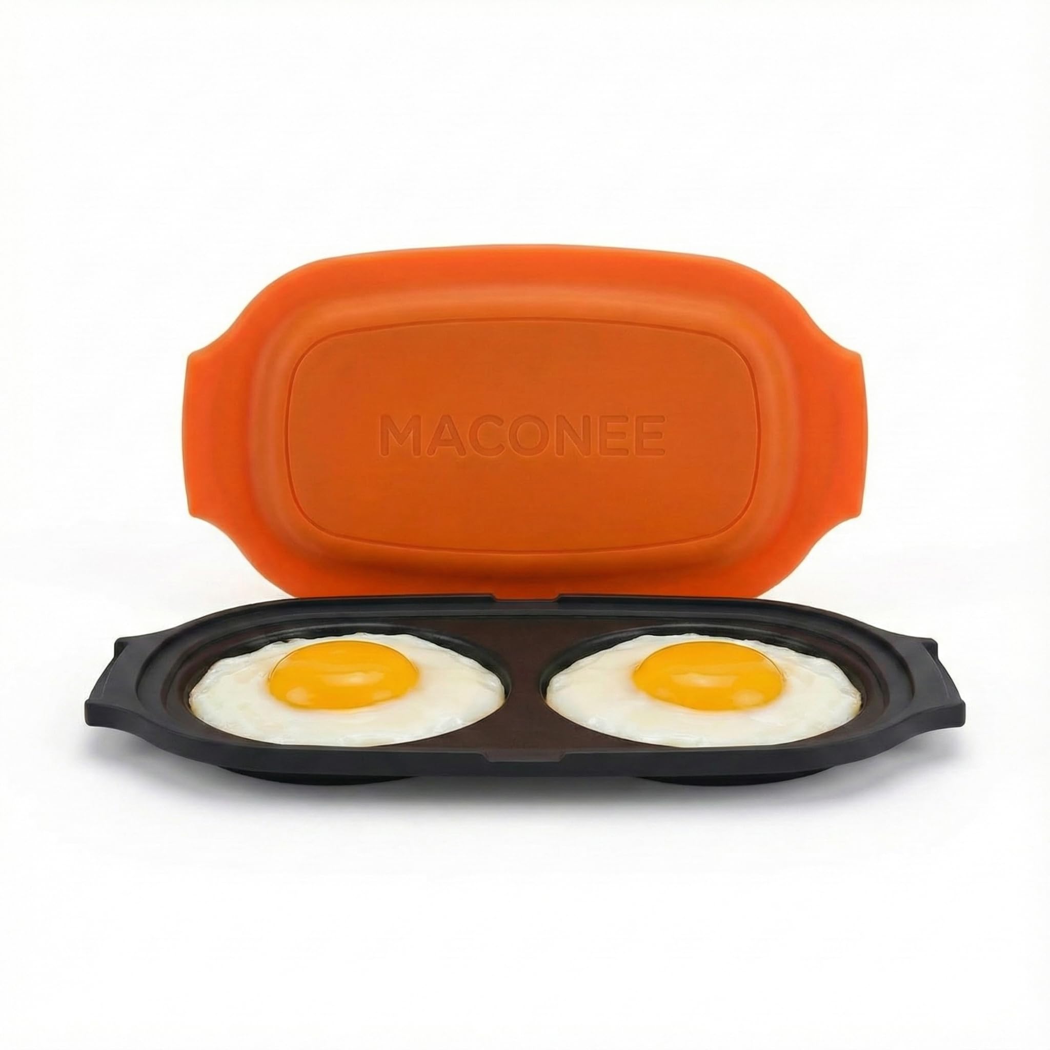 MACONEE Microwave Egg Fryer ready for a quick breakfast with two eggs.