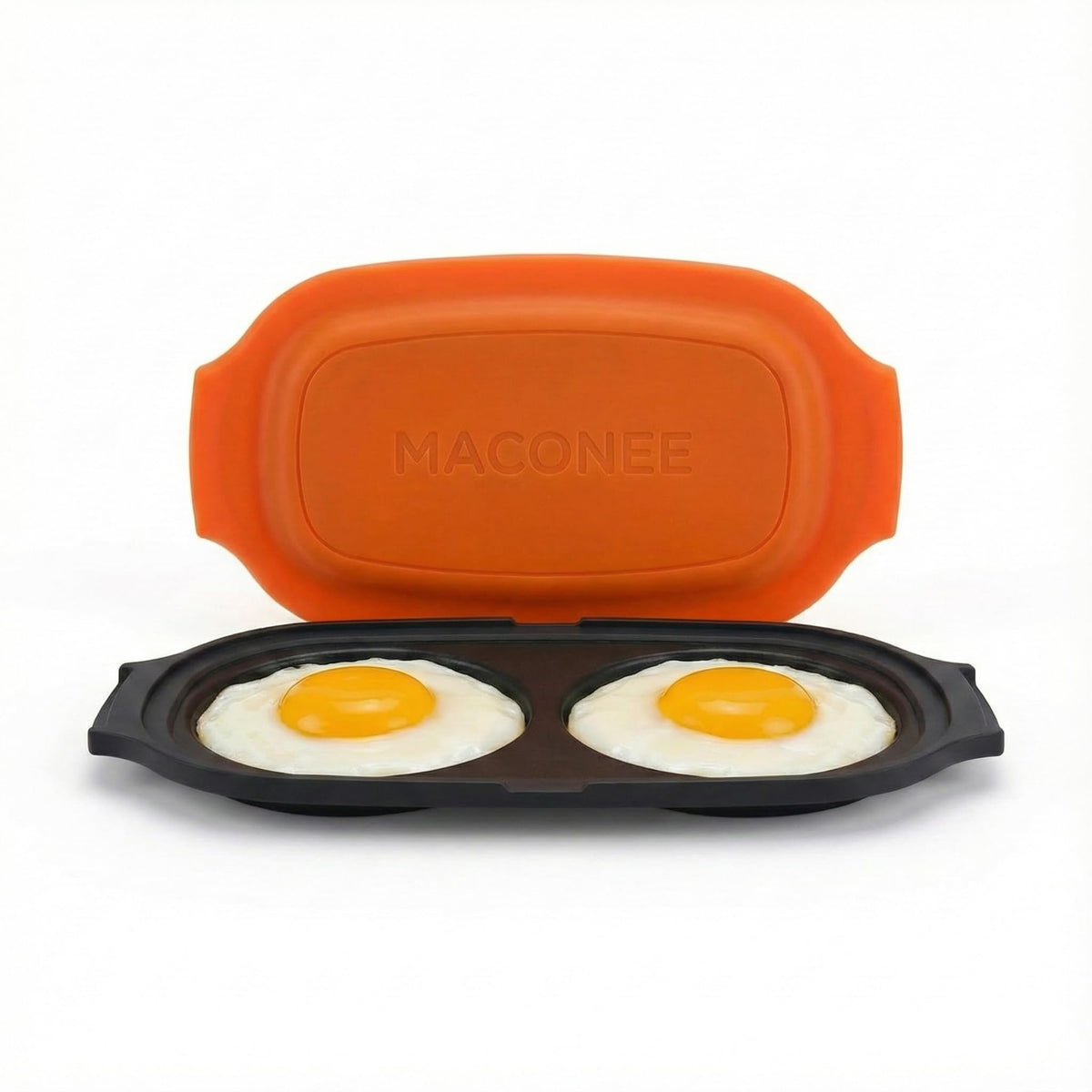 MACONEE Microwave Egg Fryer ready for a quick breakfast with two eggs.