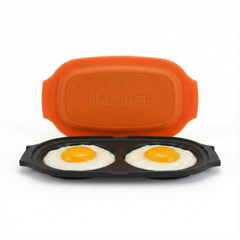 MACONEE Microwave Egg Fryer ready for a quick breakfast with two eggs.