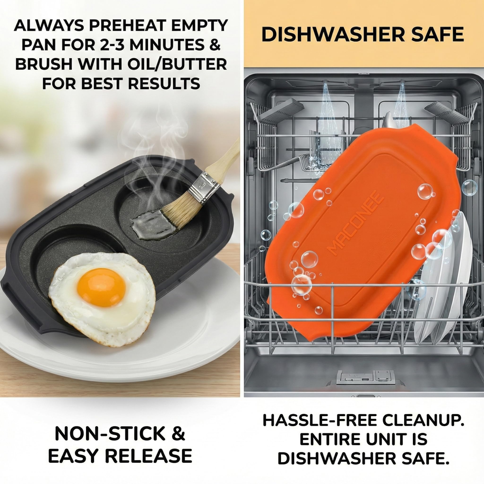 MACONEE Non-stick surface for easy cleanup after breakfast.