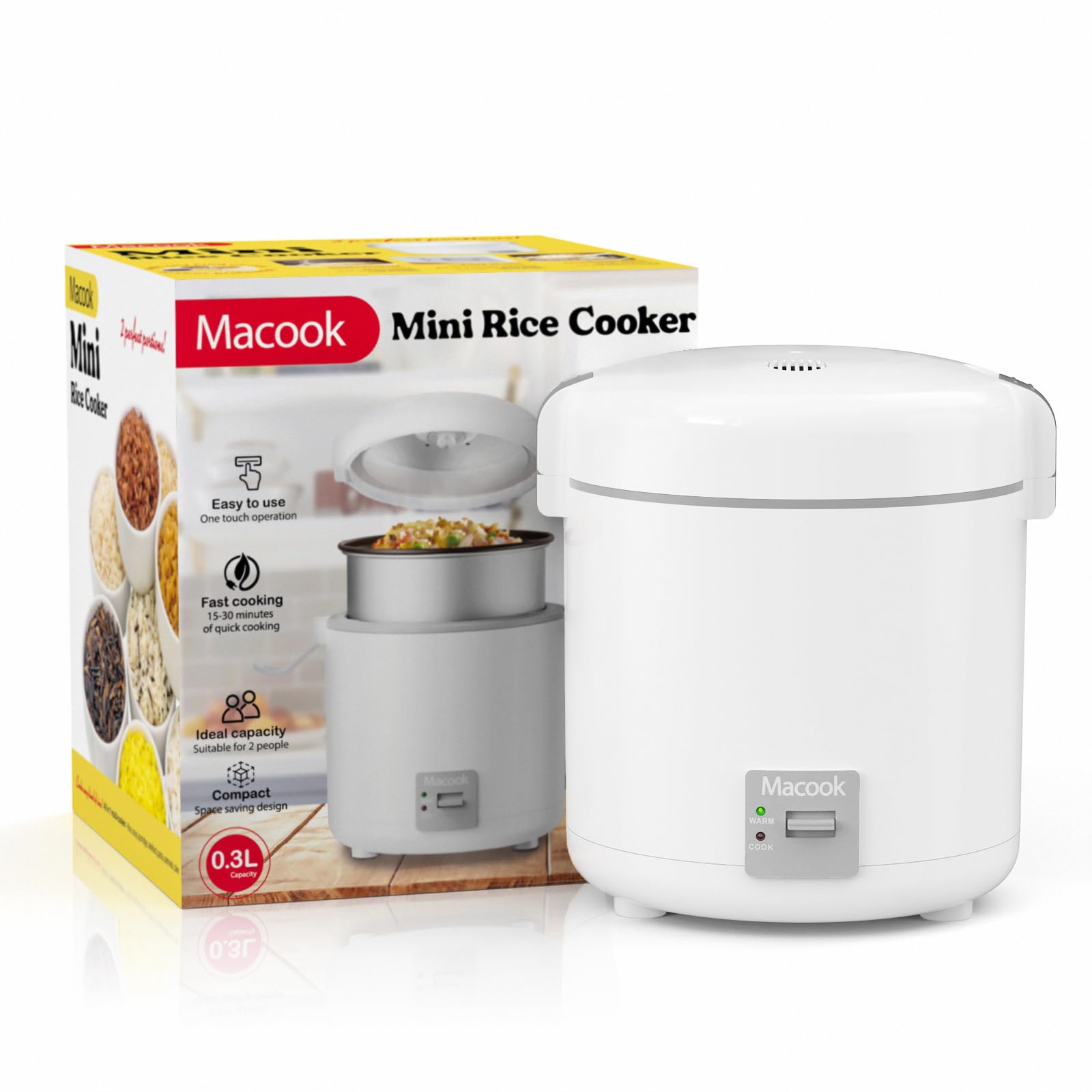 Macook package contents: cooker, spatula, cup, cord, manual.
