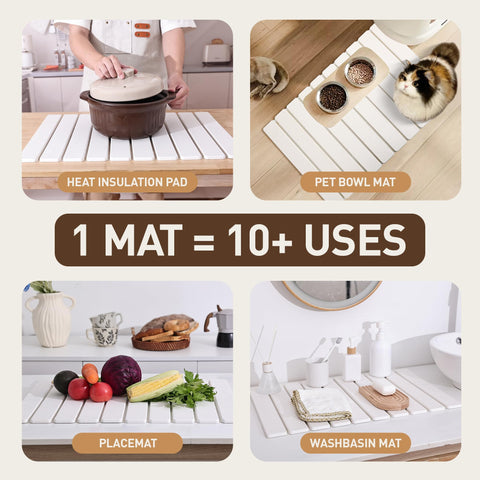 MacraBoho drying mat folds flat for drawer storage in compact kitchens.